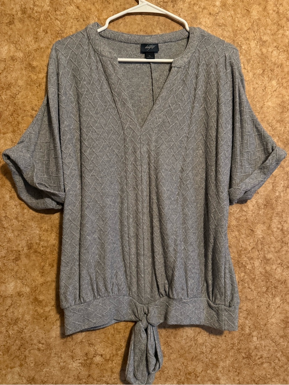 Daytrip Gray Knit Tie-Hem V-Neck Top